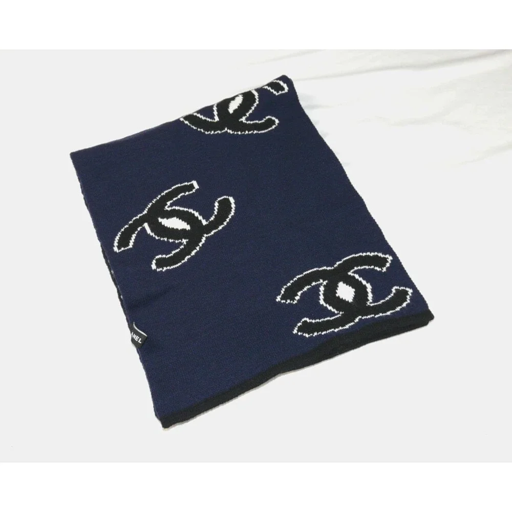 Chanel Cashmere & Silk Logo Allover Scarf Shawl Stole Blue Black White 60